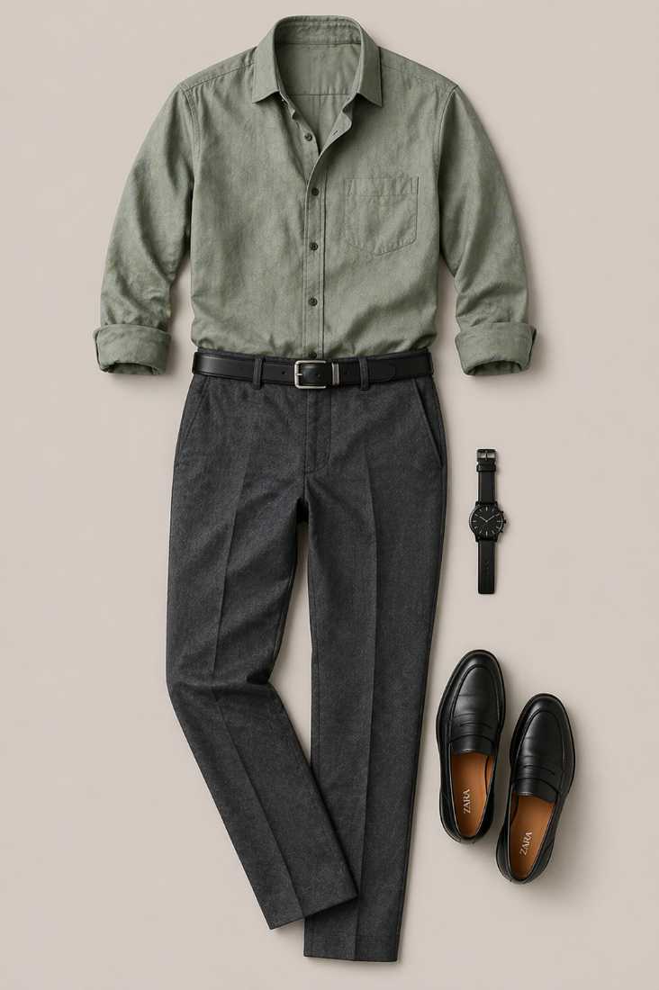 Men's minimal sage green shirt look