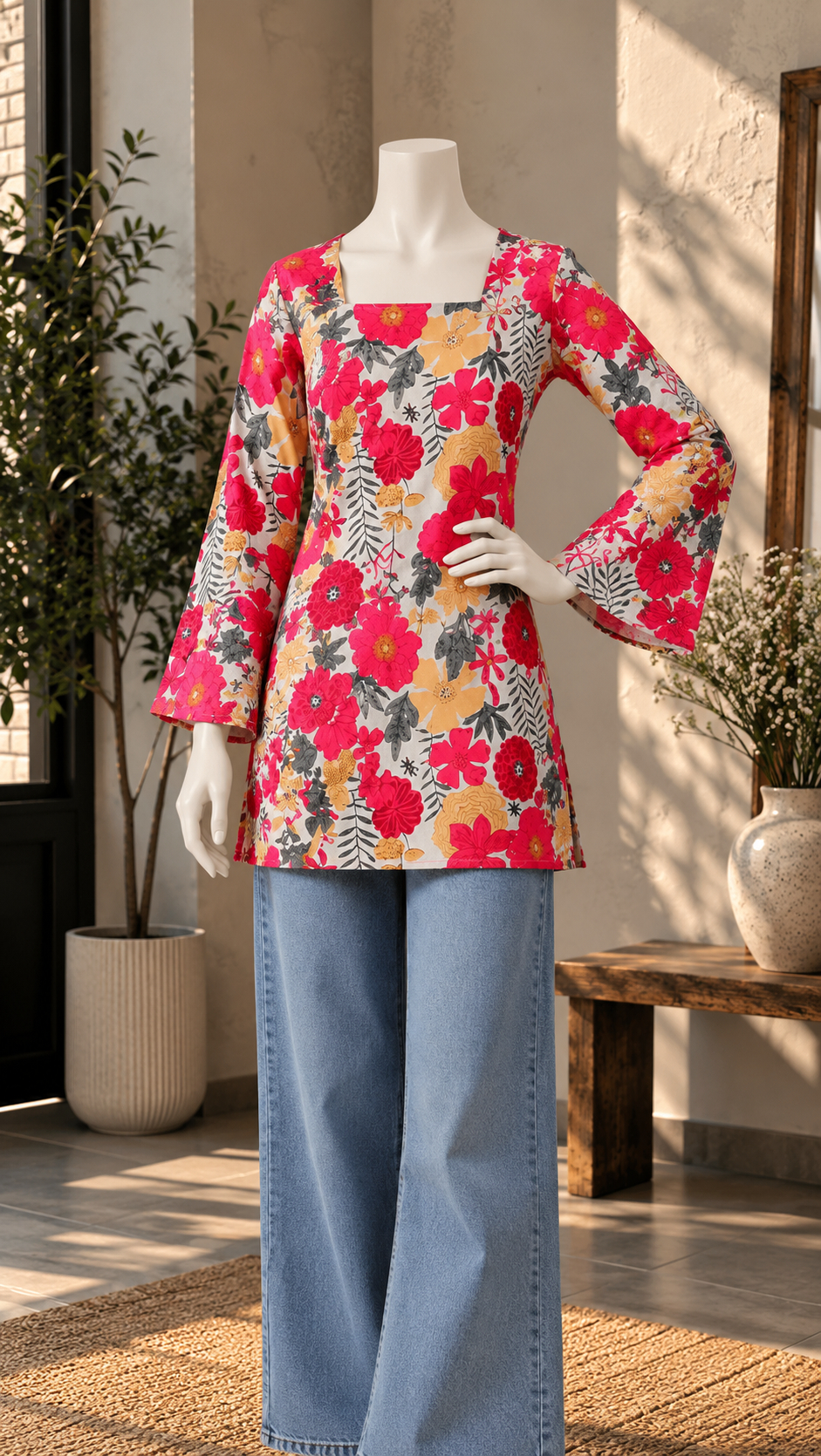 Pink Floral Kurti + Grey Ripped Jeans
