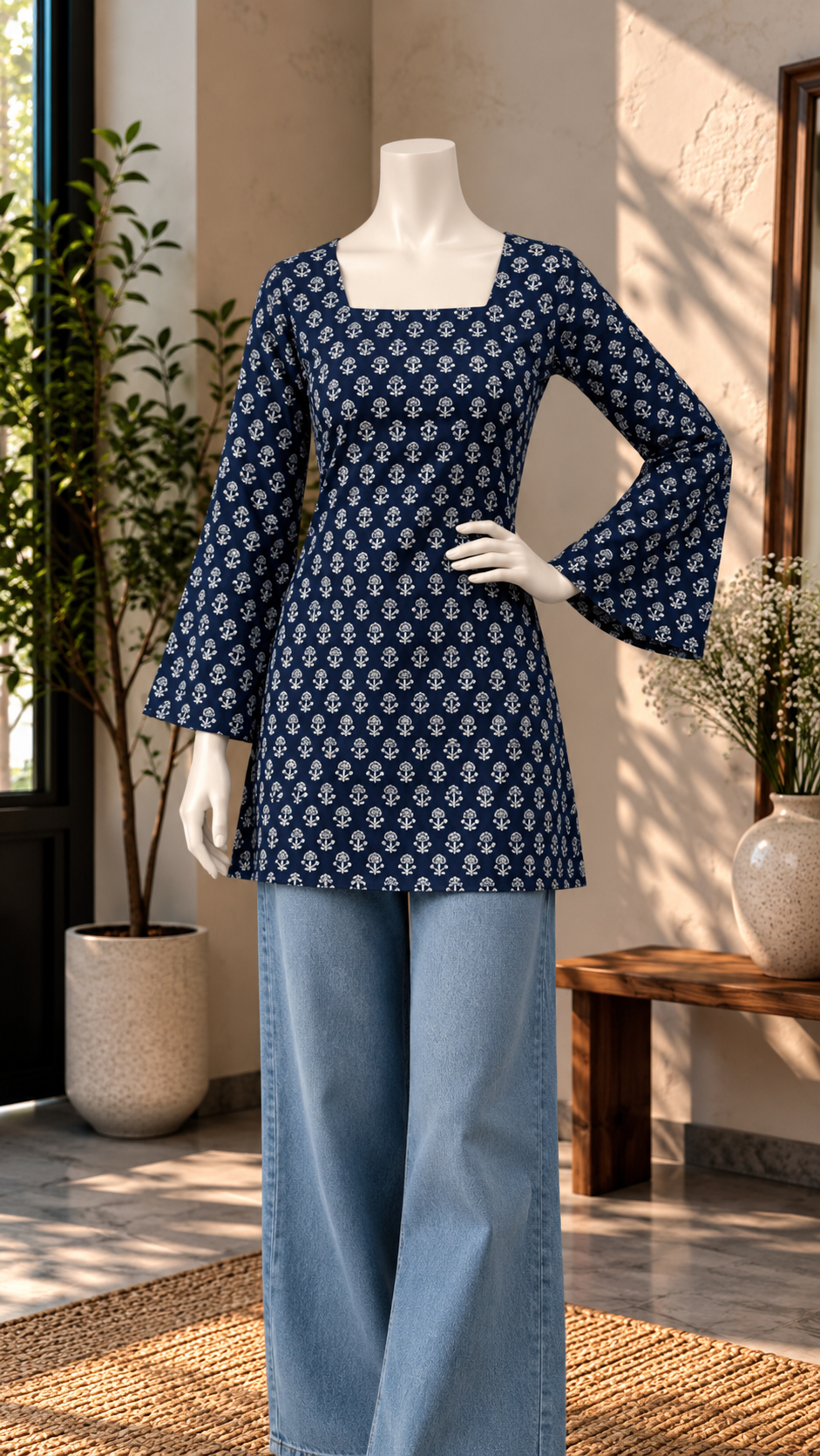 Navy Blue Floral Print Kurti + Light Blue Wide-Leg Jeans