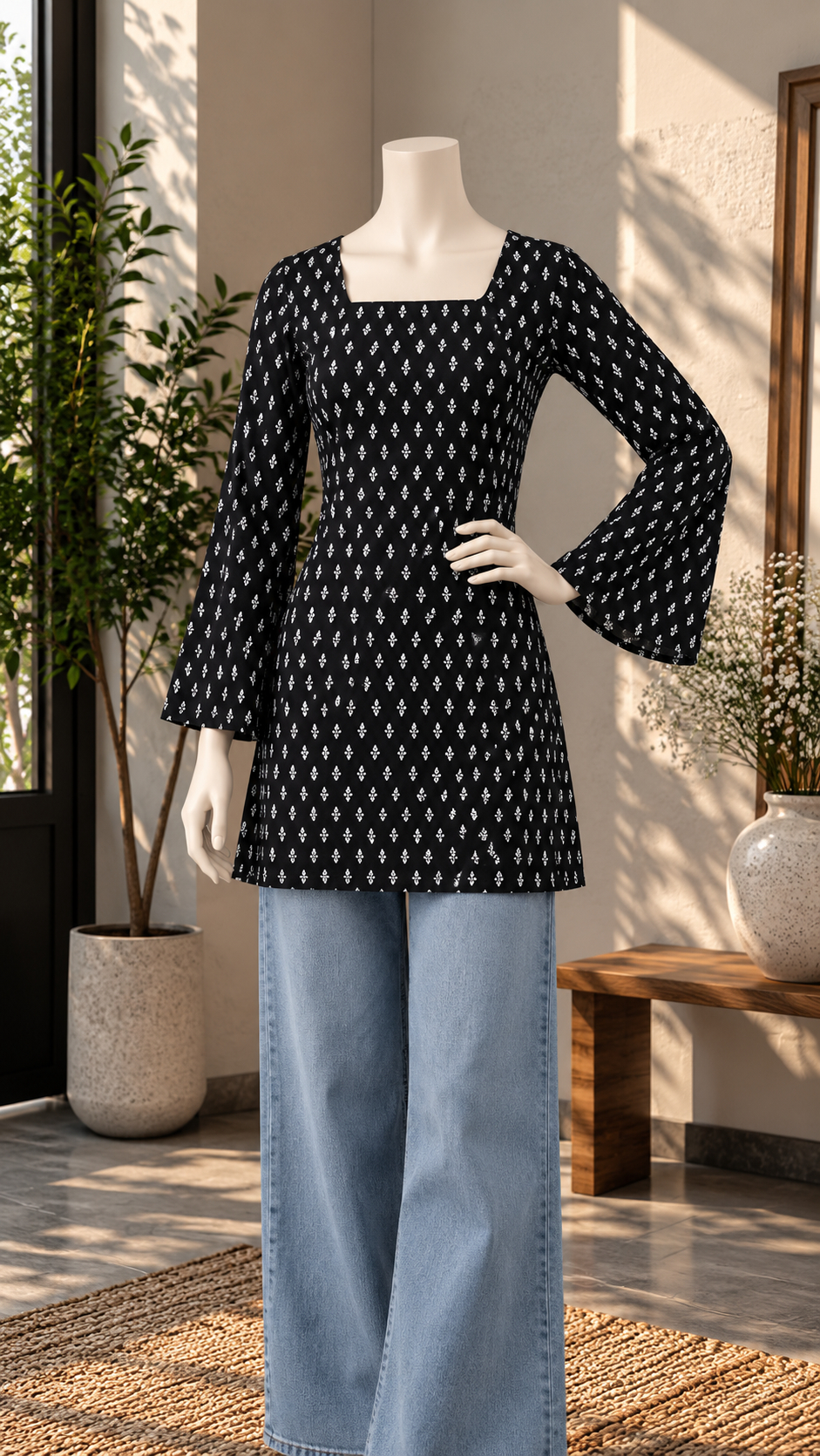Black Floral Motif Kurti + Light Blue Wide-Leg Jeans