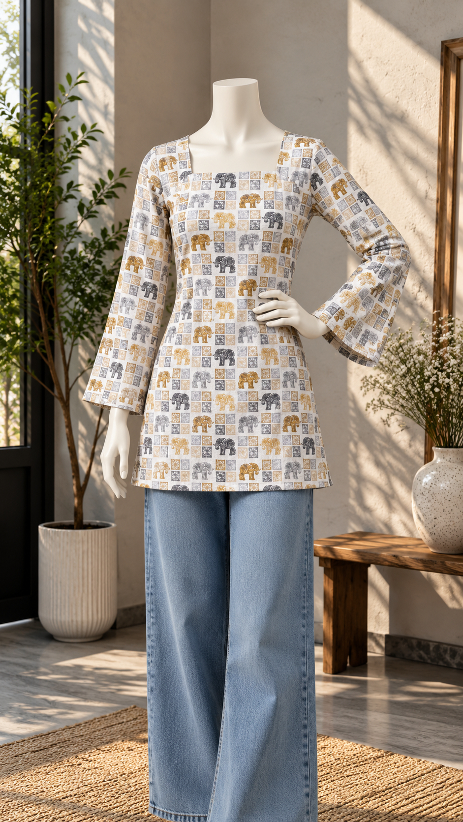 White Elephant Print Kurti + Light Blue Wide-Leg Jeans