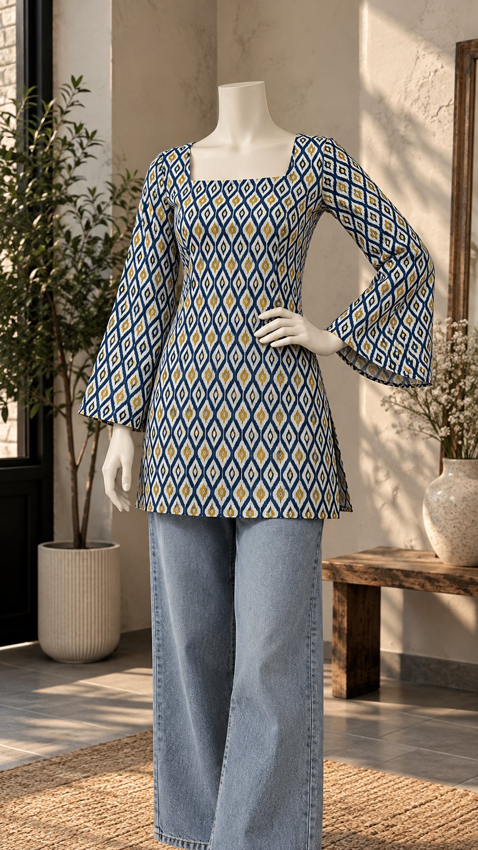 Blue & Mustard Diamond Print Kurti + Light Blue Wide-Leg Jeans