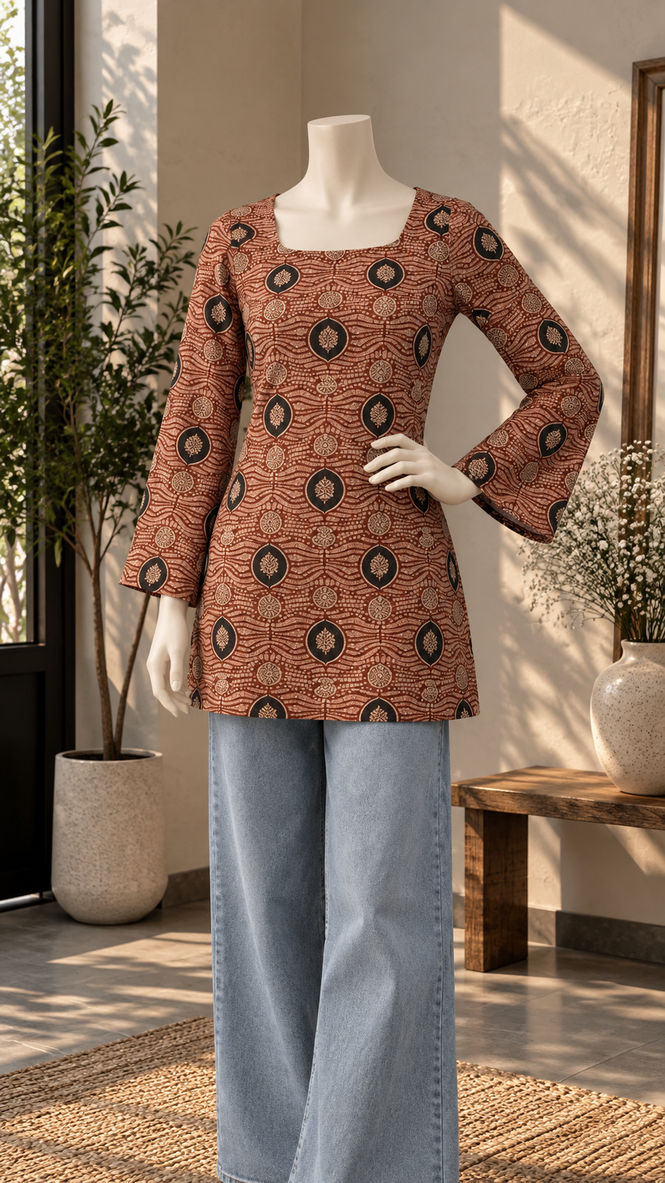 Brown Tribal Print Kurti + Light Blue Wide-Leg Jeans