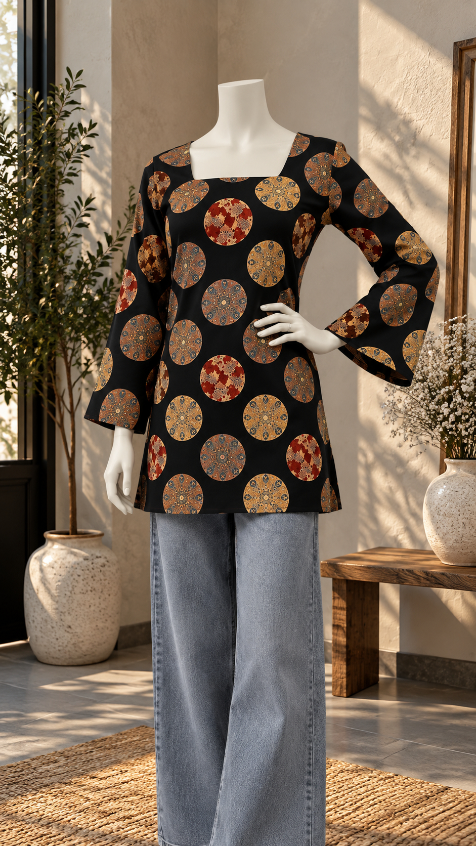 Black Circular Print Kurti + Light Blue Wide-Leg Jeans