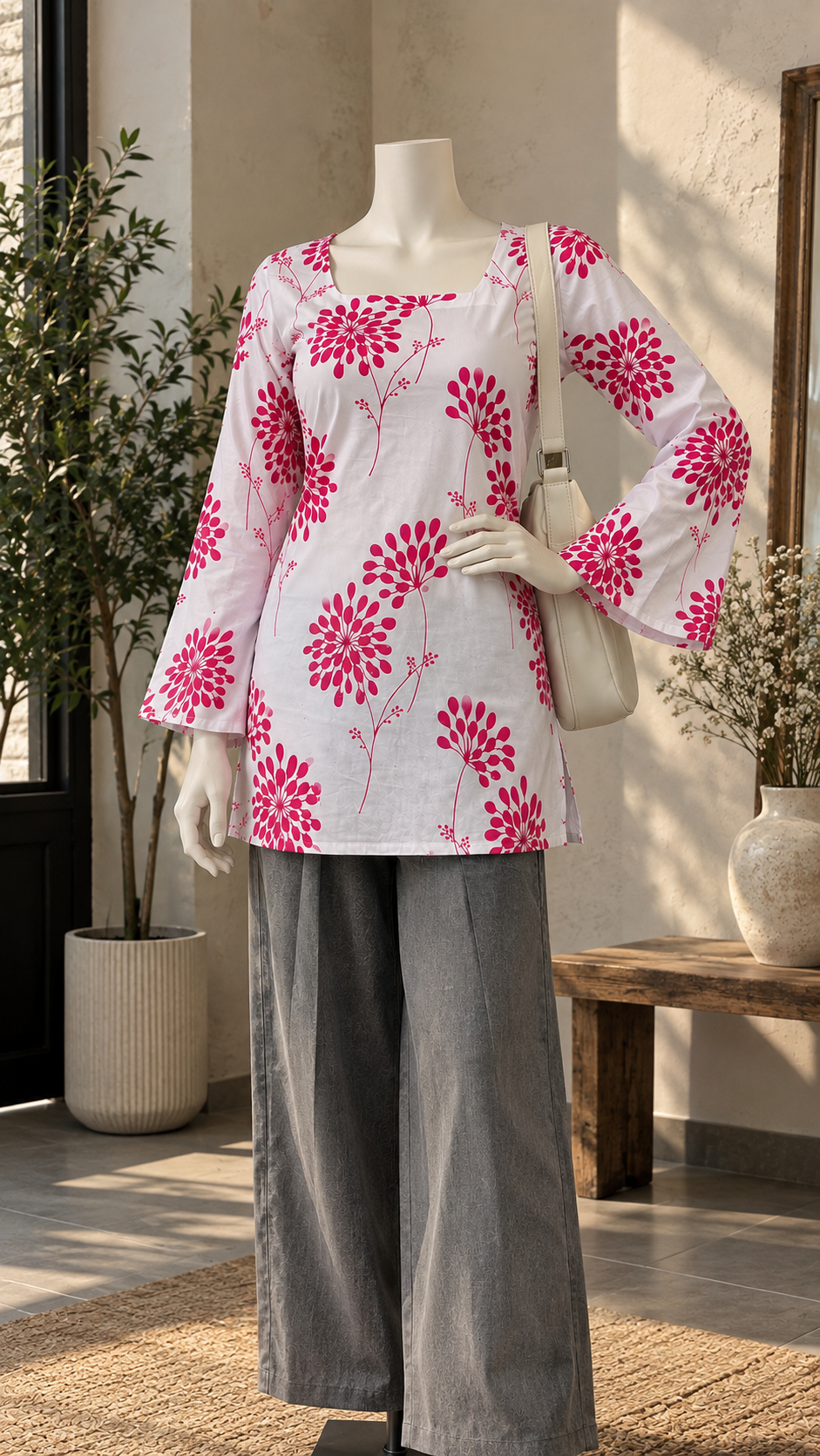 White & Pink Floral Kurti + Grey Wide-Leg Jeans + Cream Bag