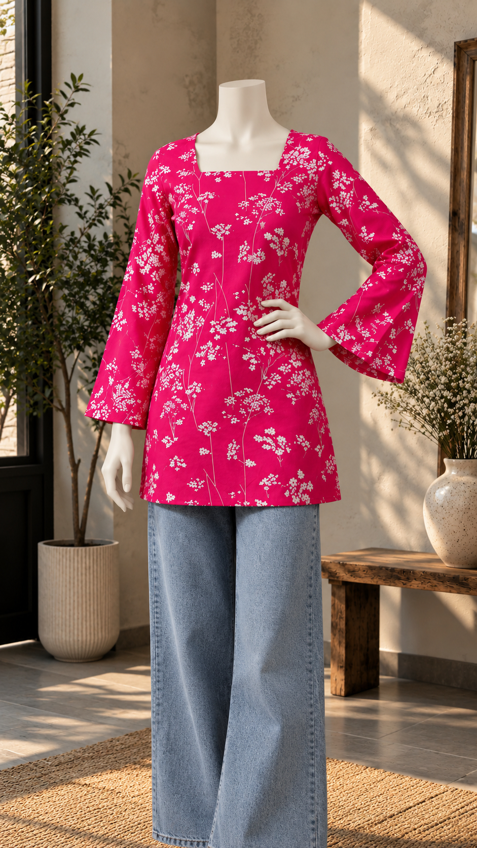 Pink Floral Kurti + Light Blue Wide-Leg Jeans