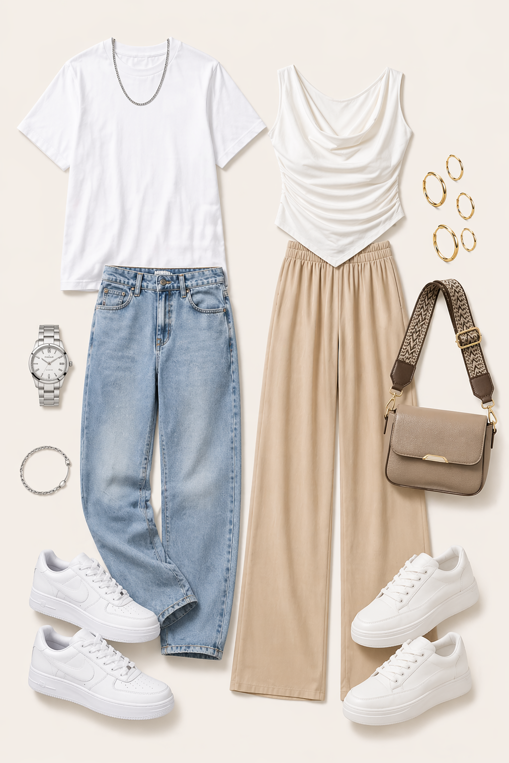Clean white and beige couple outfit flat lay featuring oversized t-shirt and wide-leg trousers