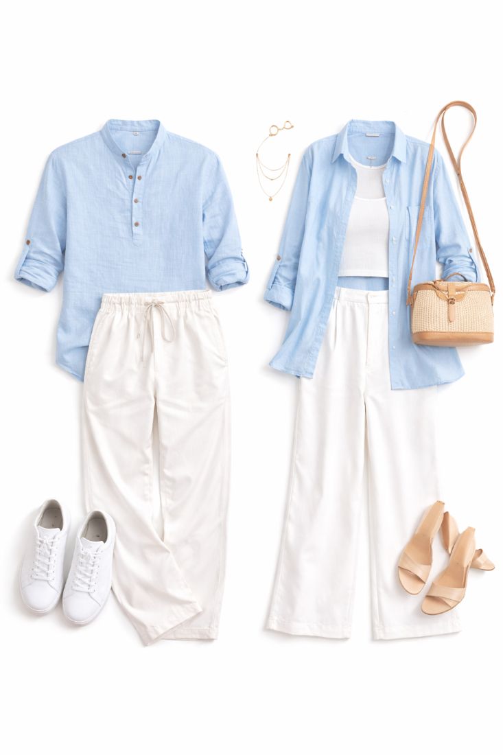 Two minimal summer outfit variations featuring a light blue shirt paired with white pants.
