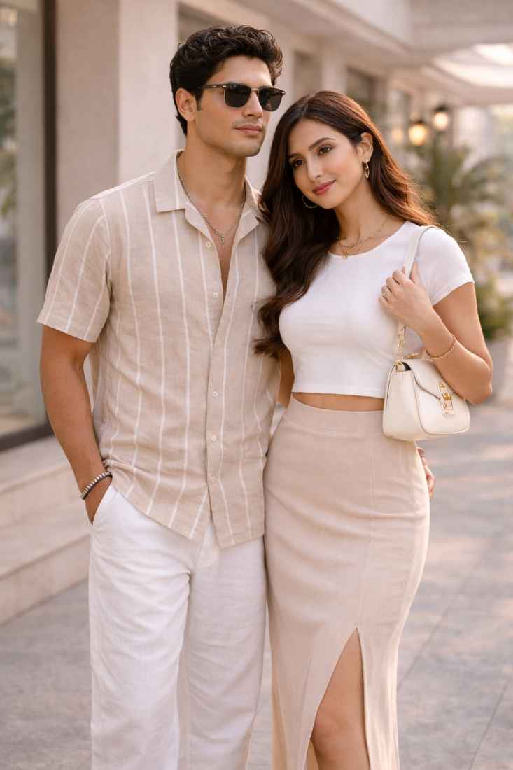 Tan loafers and white jeans — men's footwear for summer couples look