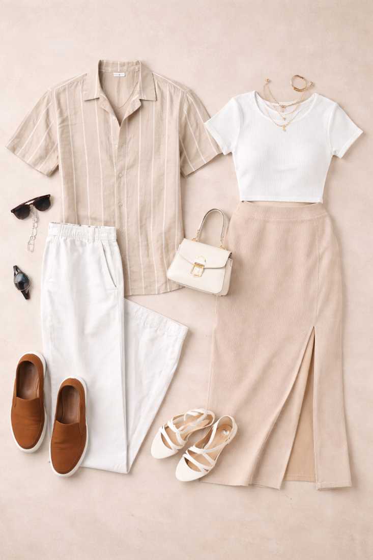 minimal summer couple outfit beige and white lookbook