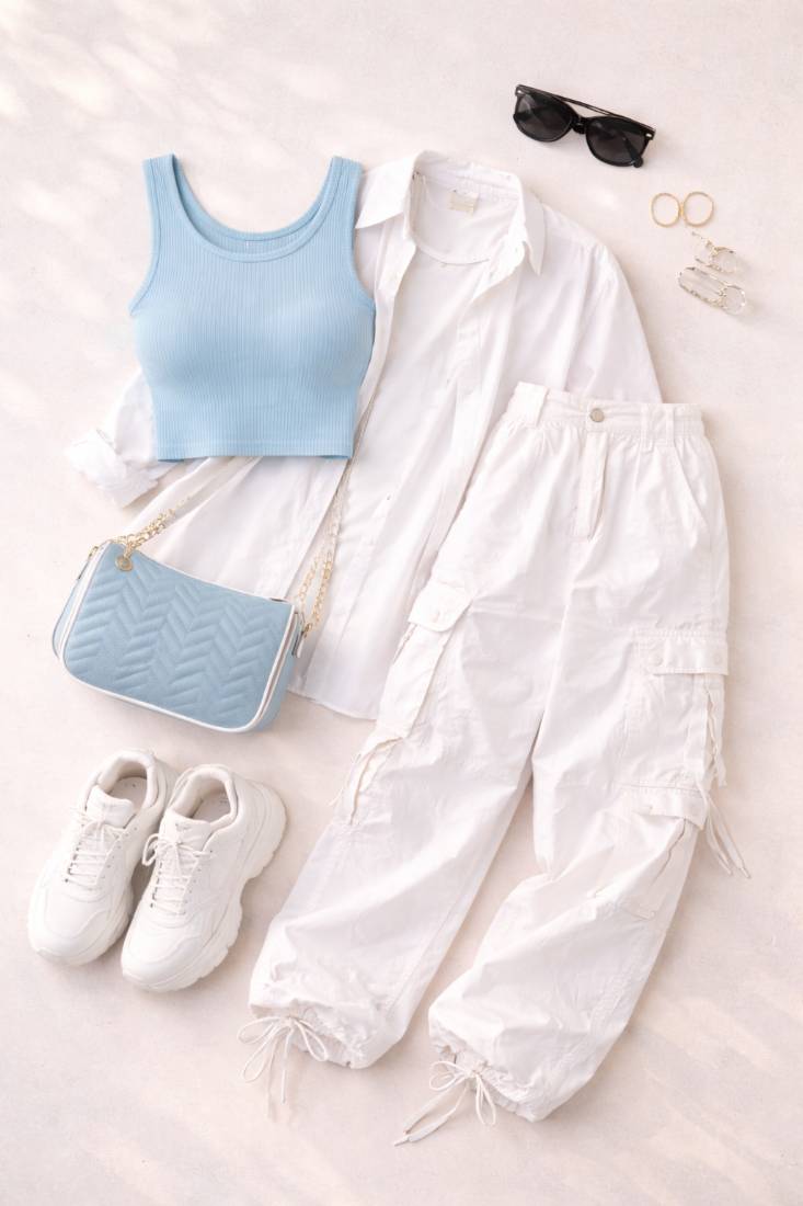 Gen Z Blue Crop Top White Cargo Pants