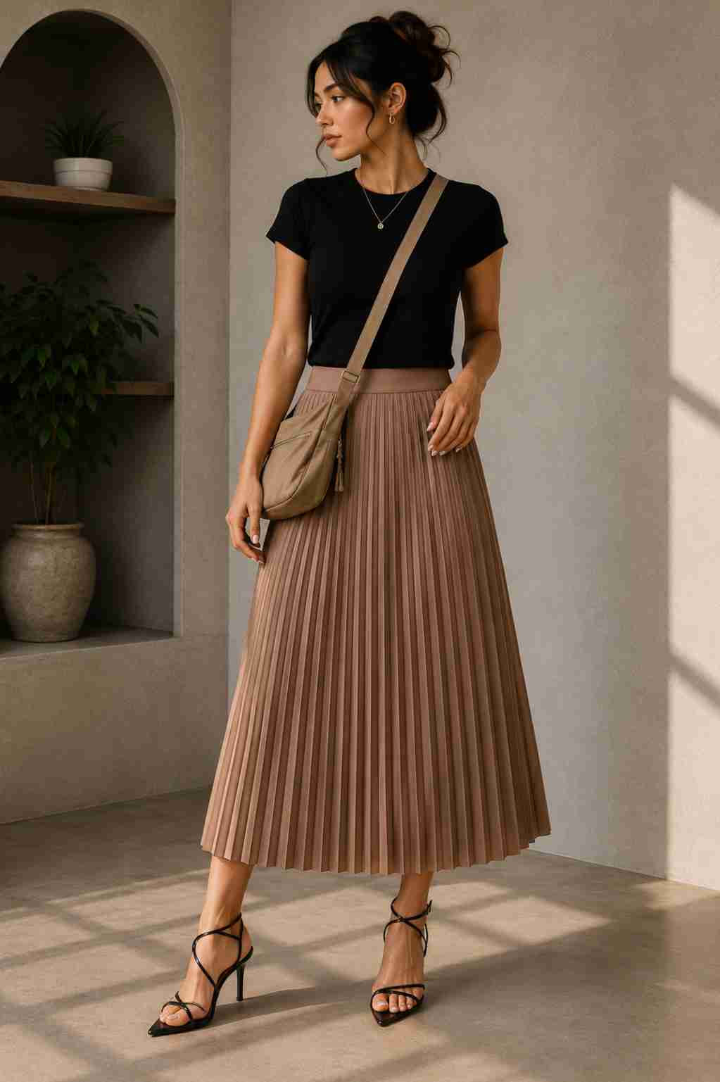 Black Tee & Taupe Skirt Look 1