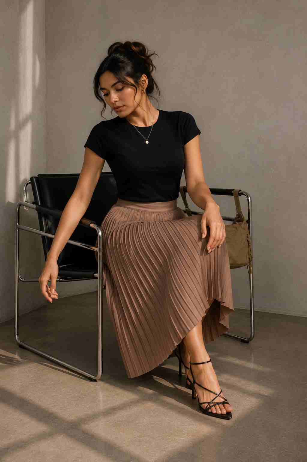 Black Tee & Taupe Skirt Look 2