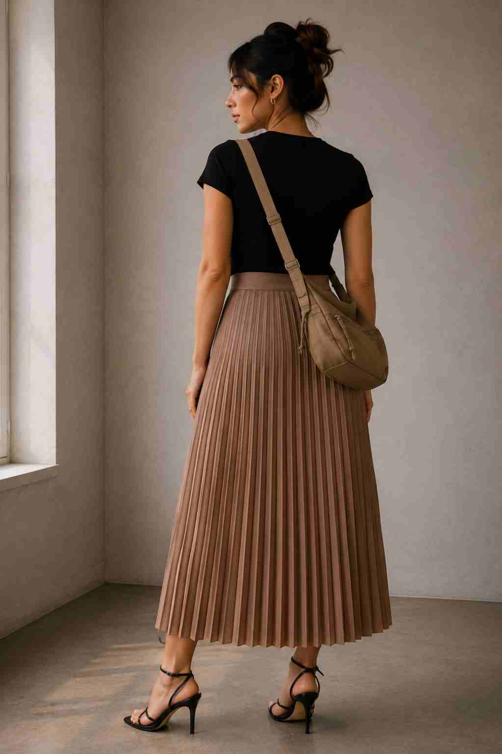 Black Tee & Taupe Skirt Look 3