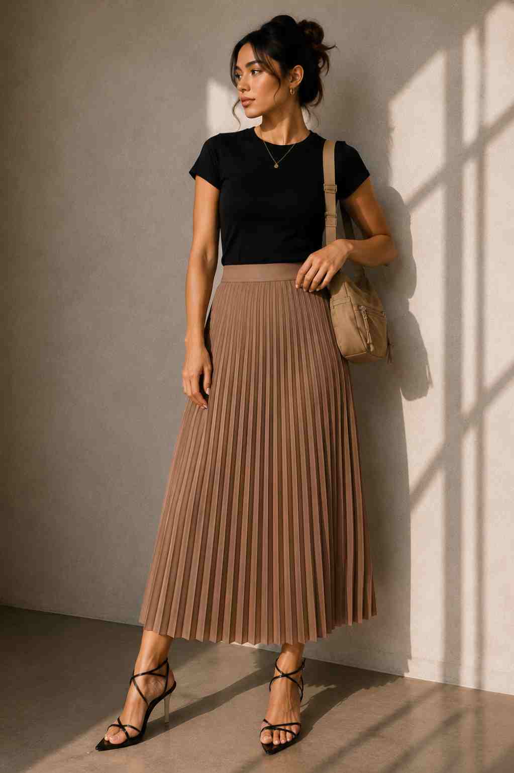 Black Tee & Taupe Skirt Look 4