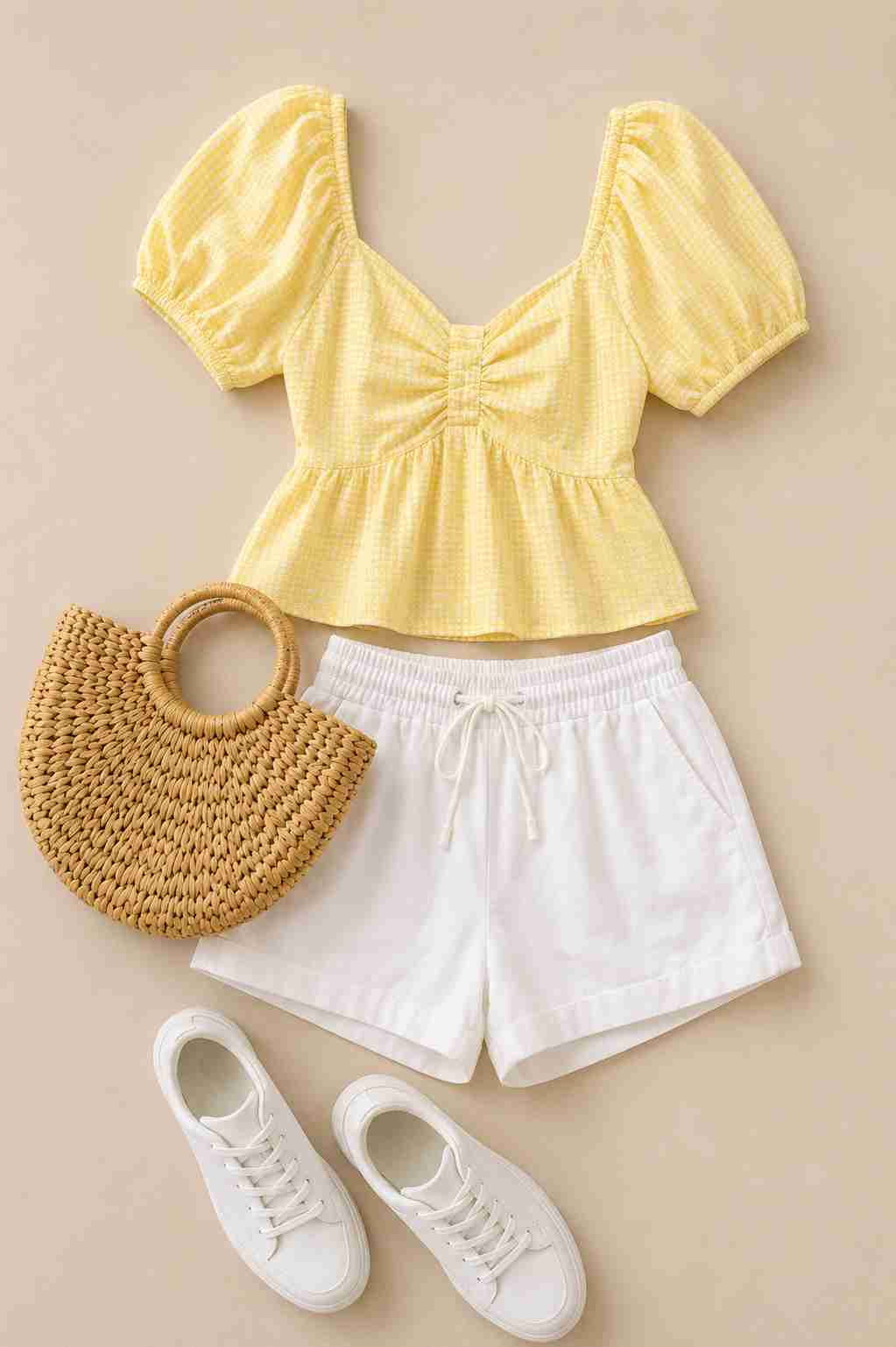 Flat lay of a Butter Yellow summer outfit featuring a puff sleeve yellow blouse, white drawstring shorts, white sneakers, and a woven straw tote bag arranged on a neutral beige background.