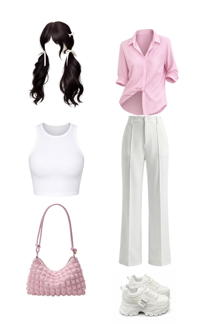 soft girl pink shirt white pants aesthetic